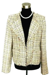 Ann Taylor Loft Jacket 6 Beige Pink Blue Boucle Fringe Knit Cotton Open Front    - Picture 1 of 4