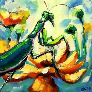 Praying Mantis Painting Original Oil Insect Art Colorful Nature Decor 6x6 In - Picture 1 of 5
