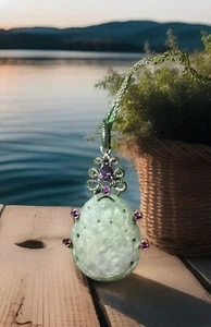Collar colgante de cadena de 2,5"" de libra esterlina, jade tallado y amatista. ¡Pieza única! - Imagen 1 de 18