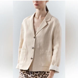Zara 100% Linen Blazer Jacket Coat Beige Cream Neutral ZW Collection Size S NWT - Picture 1 of 16