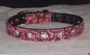 Deluxe Rhinestone Dog Collar pink & clear crystal jewels Bling chocolate damask - Picture 1 of 7