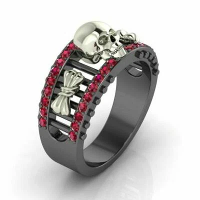 Alianza de compromiso gótica de zafiro redondo rojo, anillo de calavera de rodio negro Foto 1 de 4