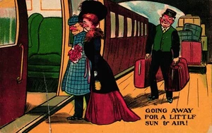 Comic Postcard C1905 Honeymoon Train Station Porter Wink Sun & Air Chromo Litho - Picture 1 of 3