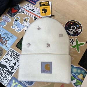 NWT Carhartt Unisex Knit Cuffed Beanie Classic Hat Cap White/Cream AOP Logos - Picture 1 of 2