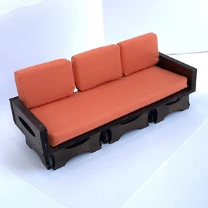 Mid Century Modern Sofa 1:12 Scale Dollhouse Miniature Coral Upholstery Walnut - Picture 1 of 7