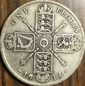 1914 GREAT BRITAIN SILVER FLORIN - Picture 1 of 2