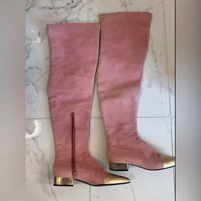 Vintage Authentic Gianni Versace OTK Pink Suede Gold Leather Cap Toe Boots 6.5-7 - Image 1 of 4