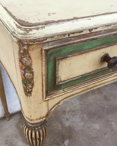 Antique Neo Classical Sheraton Dressing Table Carved Tole Painted Roses Cover