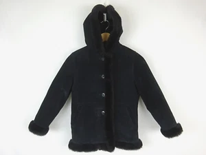 Wilson Kids Black Suede Leather Hooded Coat Faux Fur Lined ~ Kids Medium - Picture 1 of 10