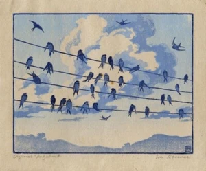 Birds on a Wire by Walter King Stone – Vintage Blue Sky Swallow Art Print to Fra - Picture 1 of 2