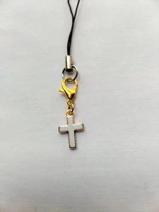White Cross Cell Phone Charm Strap Dangle Mirror Hanging Car Pendant Decor - Photo 1 sur 4