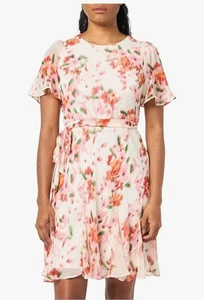 DKNY Women's Beige Floral Print Scoop Neck Flutter Sleeve Waist-Tie Dress Size 6 - Picture 1 of 5