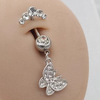 Belly Bars Button Piercing Bar Dangle Navel Body Jewellery Gem Ring Silver Round - Изображение 1 из 4