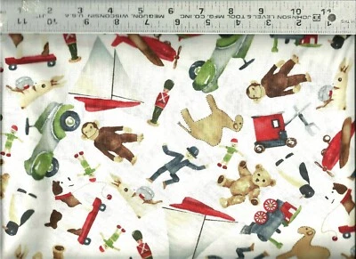 Henry Glass ~ Vintage Antique Toy Toss on White ~ 100% Cotton Quilt Fabric BTY - Image 1 of 2