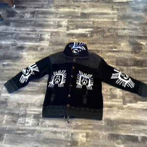 Shaday Artesinian 100 % Wolle Herren M Strickjacke blau aztekisch Maya Design - Bild 1 von 9
