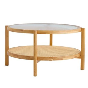Modern Simple Circular Double-layer Solid Wood Rattan Woven Chinese Side Table - Picture 1 of 16