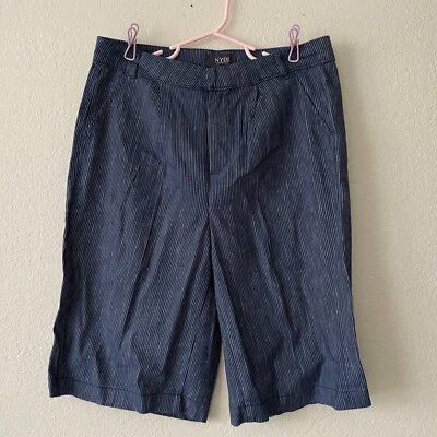 NYDJ 宽鬆百慕大短裤女式 2 亚麻混纺条纹蓝色打褶口袋 — 第 1/4 张图片