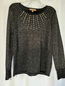 Ellen Tracy Jeweled Neckline Gold Thread Black Wool Sweater Size XL - Picture 1 of 9