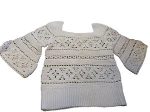 Vtg Retro EUC Knit Cardigan Crochet Handmade Ivory Bell Sleeve Sweater Sz S - Picture 1 of 8
