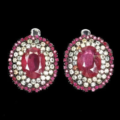 Orecchini in argento sterling 925 ovali rubino tondo rubino Myanmar zaffiro... - Immagine 1 di 4