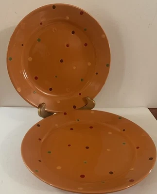 Temptations by Tara Dinner Plates Orange Polka Dot  Set of 2 EUC 10-3/8” - Image 1 of 4
