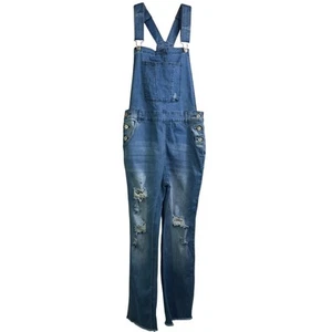 Womens Overall Size Medium Blue Distressed Denim Snap Shoulder & Waist - Picture 1 of 10