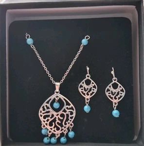 NIB 18" Silver-Toned Filigree Turquoise Drop Necklace & Earring Set Bohemian   - Picture 1 of 9