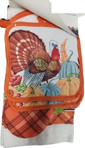 5pc Set: 2 Pot Holders,2 Towels & 1 Oven Mitt, THANKSGIVING TURKEY & PUMPKINS,AM - Picture 1 of 18