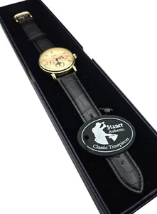 Stauer 27 Jewels Mens Wristwatch Black Leather Band Gold-Tone Case Includes Orig - Picture 1 of 5