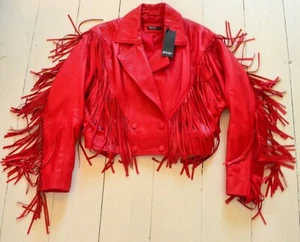 Ladies Fringed Real Leather Red Jacket Size 6 Brand New with Tags - Picture 1 of 8