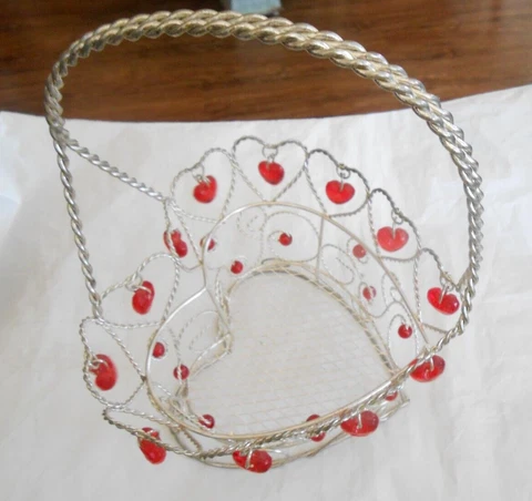 Heart shaped wire basket with red heart and round  beads, bright silver wire Cover