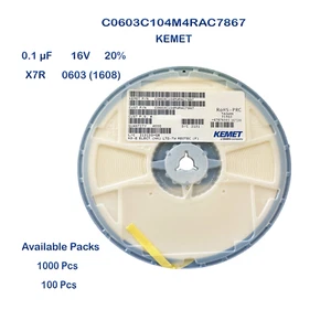 C0603C104M4RAC7867 KEMET MLCC SMD 0.1uF 100nF 16V X7R 0603 (1608) 20% - Picture 1 of 2
