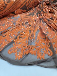 Fabric By The Yard Orange Sequin Lace Embroidery On Brown Stretch Mesh For Dress