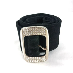 Nine West Belt Women Small Black Leather 2" x 32" Silver Tone Clear Rhinestone - Picture 1 of 5