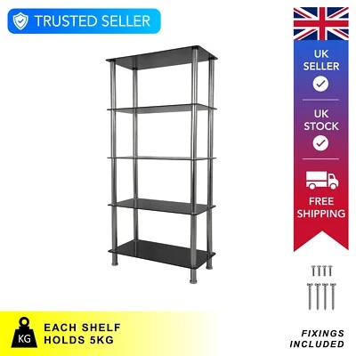 Black Glass 5 Tier Shelving Unit Shelf Storage Display Cabinet Metal Chrome Legs - Image 1 of 4