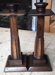 Pair Of Treen Arts And Crafts Style Oak Candlesticks