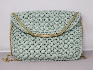 Vintage Rodo Raffia Woven Mint Green Clutch Gold Kette Druckknopfverschluss - Bild 1 von 10