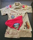  Boy Scout Items Mixed Lot. Shirt with patches ,scarf, scarf clip ,pin, 2 Hats