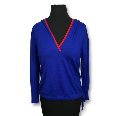 J.Crew 意大利纺羊绒连帽衫毛衣女式 S 码蓝色红色装饰 — 第 1/4 张图片