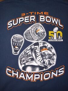 Denver Broncos 3-Time Super Bowl Champions Rings T-Shirt Size Large 