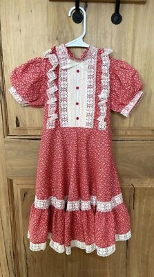 Vintage 80's Little Girl 'Mini World' Red & Cream Lace Prairie Style Dress  - Image 1 of 4