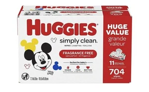 Huggies Simply Clean Unscented Baby Wipes, 11 Flip-Top Packs (704 Wipes Total)