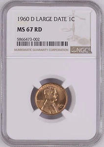 1960-D 1C RD Large Date Lincoln Memorial One Cent NGC MS67RD 5866473-002 - Picture 1 of 2