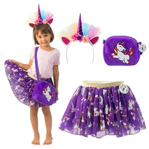 Printed Unicorn Dress Tutu 3pc Set Toy Purse & Hairband Halloween Purple - Picture 1 of 7