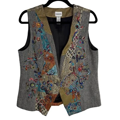 Chicos Size 1 (M/8) Women's Wool Blend Vest Beaded Sequins Patchwork Artsy Boho - Image 1 of 4