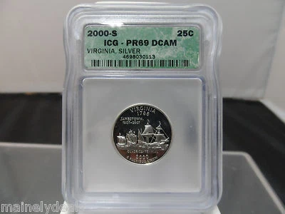 2000 S SILVER VIRGINA QUARTER 25C DEEP CAMEO PR69 ICG CERTIFIED - Image 1 of 2