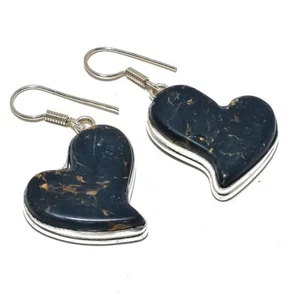 Hearts - Copper Black Turquoise Gemstone 925 Sterling Silver Earring 1.7" E813 - Picture 1 of 8