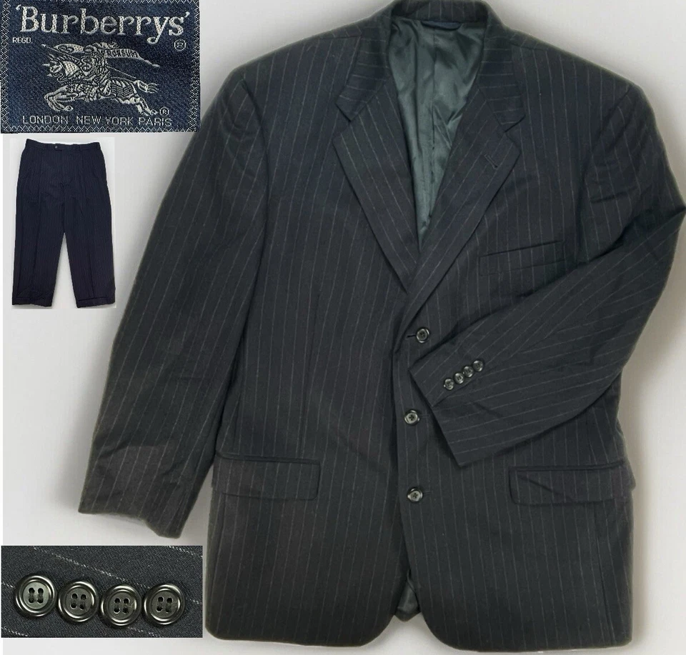 Traje Burberrys 44R Para Hombres Tiza Rayas Azul Marino Lana De Colección Años 90 EE. UU. *Pequeño Defecto Foto 1 de 4