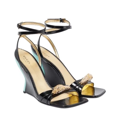 Sandalias Gucci 37/ US 7 Dos Tonos Dora Adornadas Cristal Cuña Negras Nuevas en Caja $1,250 Foto 1 de 4