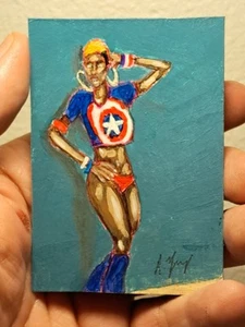 aceo original art card acrylic ink "sexy Model/Captain America Limit 1/1 signed - Picture 1 of 3